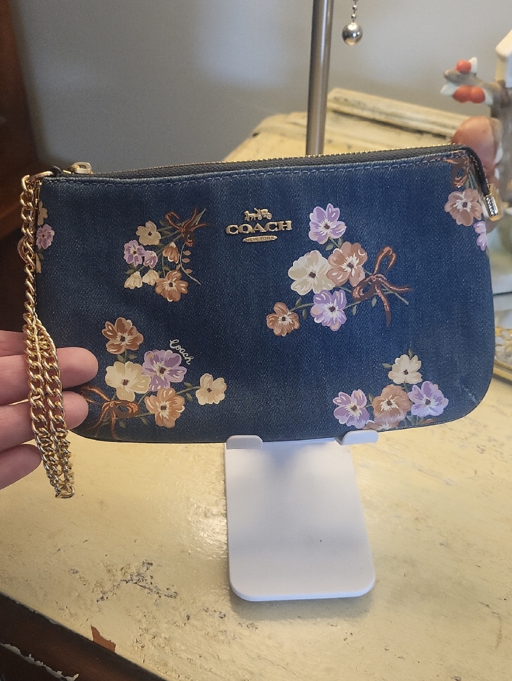COACH Floral Denim Wristlet with Gold Chain